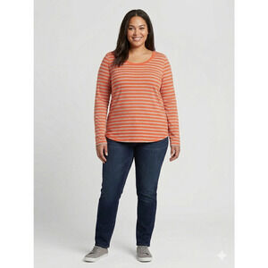 a.n.a. Woman 2X Orange Gray Striped Long Sleeve Tee Cotton Modal Stretch